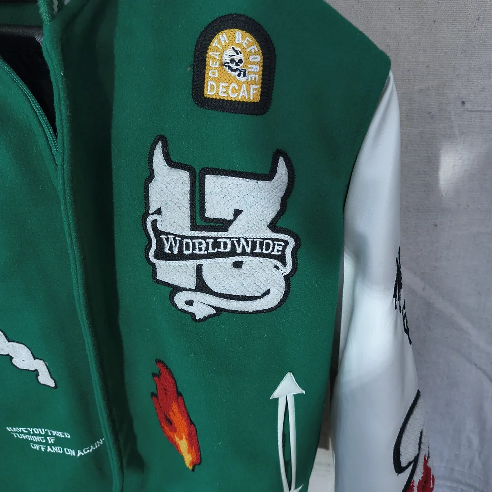 Black Pharoah Boy s Varsity Jacket Green & White W/Hood & Graphics / Patches